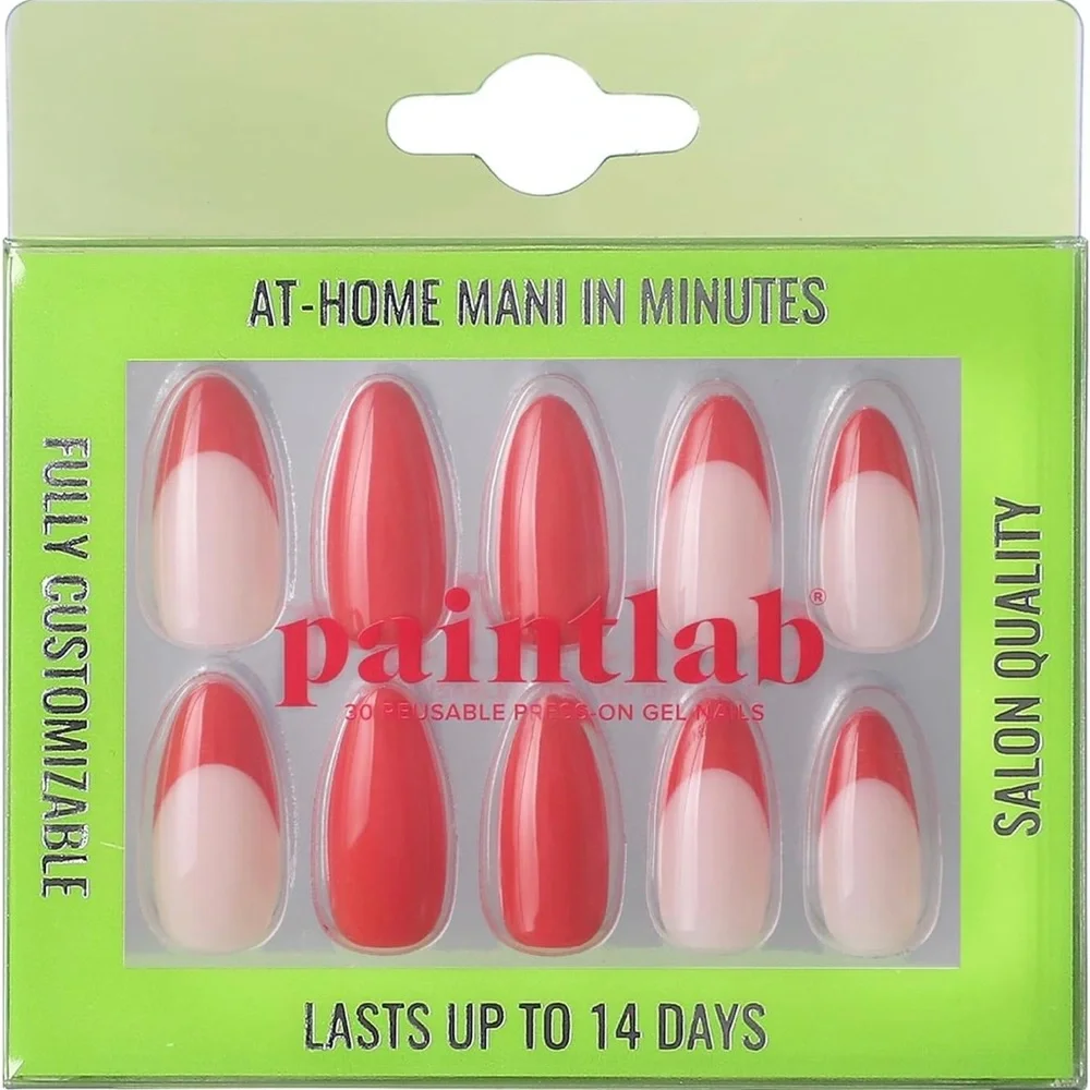 PaintLab Red Medium Almond Red French Manicure Press On Nails